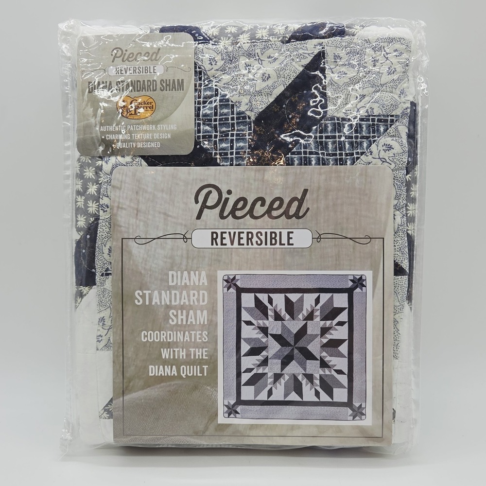 Cracker Barrel Diana Standard Sham 20"x26" Pieced Reversible Quilted Blue White